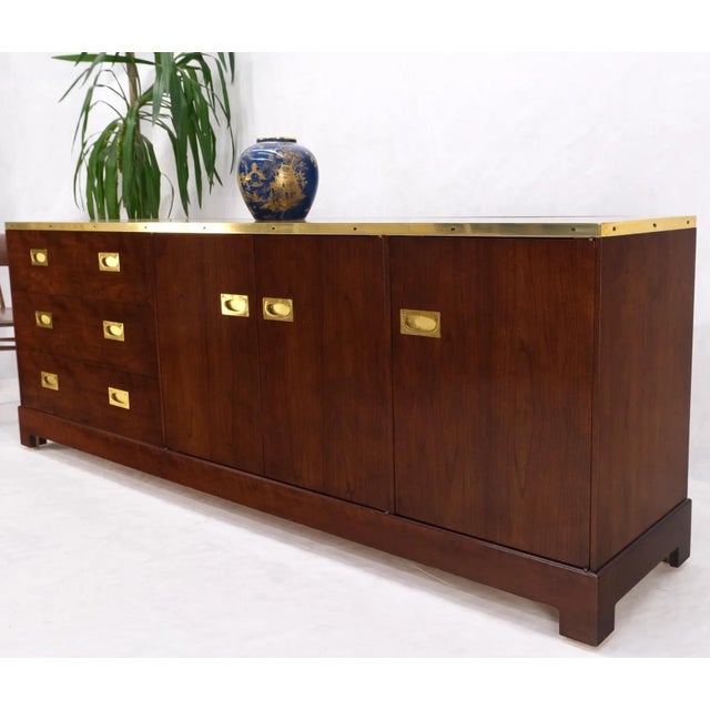 Brown Campaign Style Brass Walnut Mid Century Drawers Doors Compartment Long Credenza For Sale - Image 8 of 13