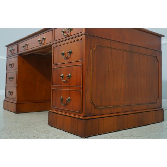 Brown English Yew Wood Brown Leather Top 3 Part Desk For Sale - Image 8 of 18