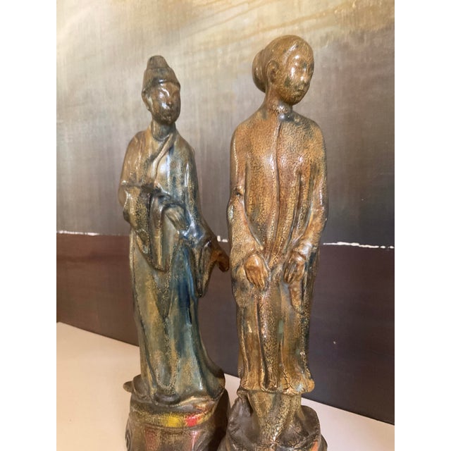Pair of Vintage/Antique Ceramic Asian Scholar Figures on Pedestal Bases Set of 2 For Sale - Image 10 of 18