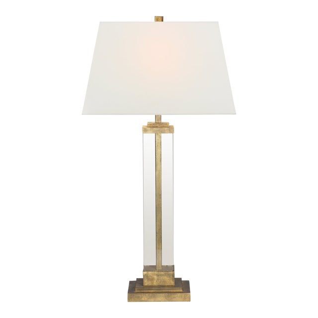 Visual Comfort Signature Wright Table Lamp in Gilded Iron and Glass with Linen Shade For Sale