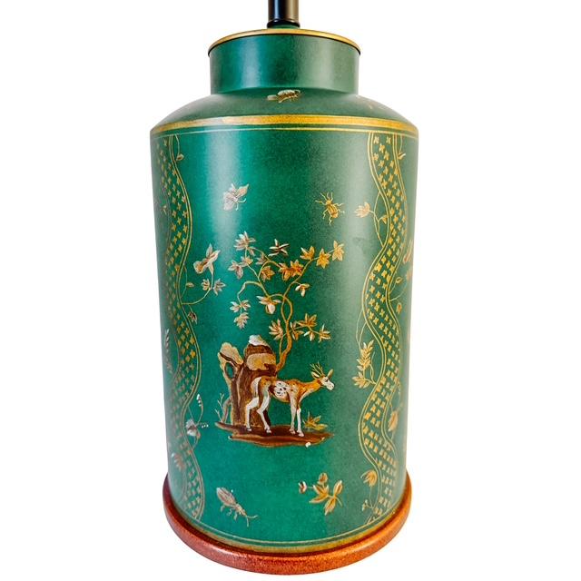 1970s Large Frederick Cooper Emerald Green Hand-Painted Green Tole Chinoiserie Table Lamps - A Pair For Sale - Image 16 of 17