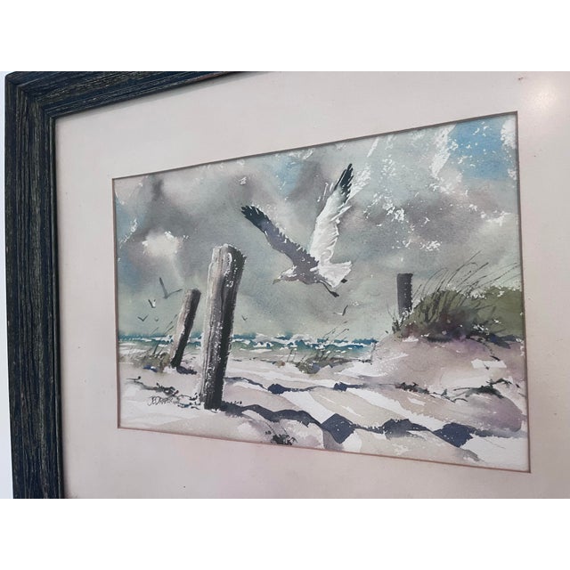 Wood 1970s J. Everett Draper Original Coastal Watercolor of Seagulls Over Beach. For Sale - Image 7 of 8