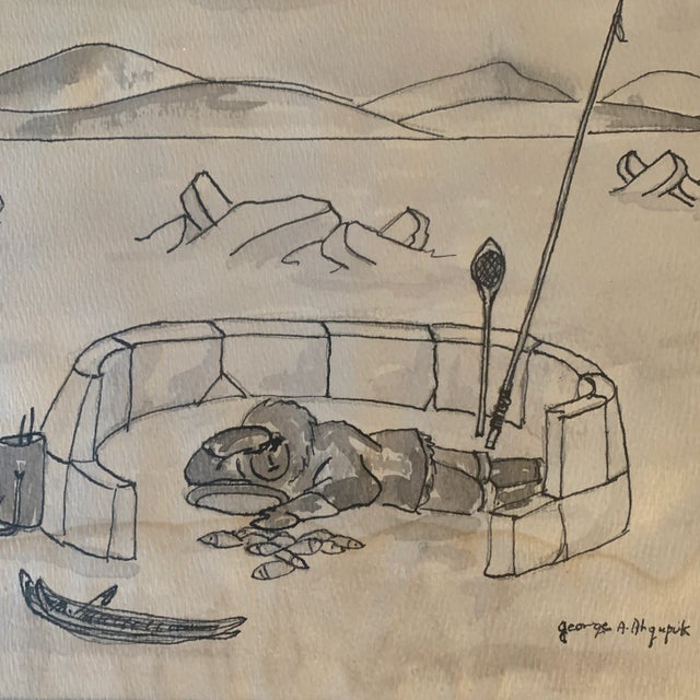 Illustration Mid 20th Century Alaskan Fishing Scene Mixed-Media Drawing by George A. Ahgupuk For Sale - Image 3 of 13