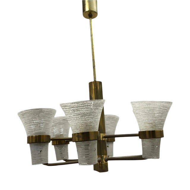 Italian Brass and Glass Chandelier in the style of Sciolari, 1960s For Sale