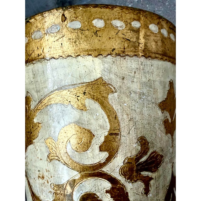 Vintage Italian Florentine Waste Basket, Bin in Antique White and Gold in the Hollywood Regency Style For Sale - Image 4 of 12