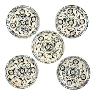 Set of 5 Bat Trang Vietnamese Ceramic Dessert Plates With Hand Painted Blue Floral Motifs For Sale