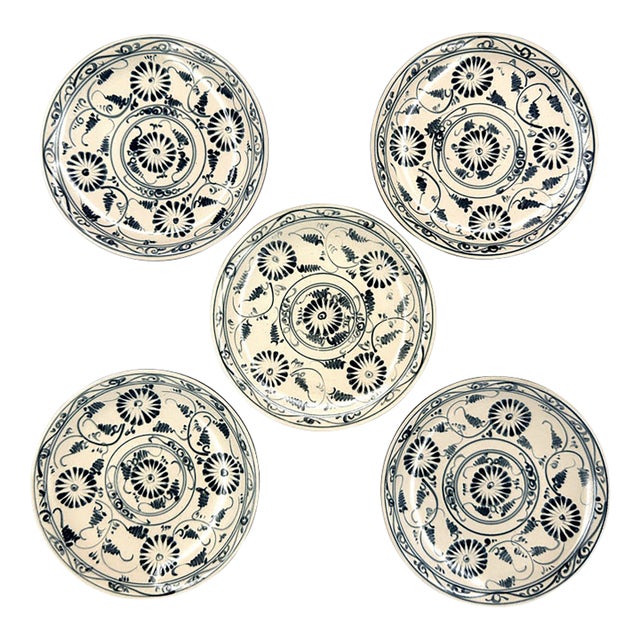 Set of 5 Bat Trang Vietnamese Ceramic Dessert Plates With Hand Painted Blue Floral Motifs For Sale