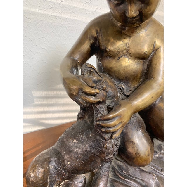 Vintage Bronze Style Sculpture of Child Bathing Dog Figurine – Classical European Style Statue For Sale - Image 4 of 12