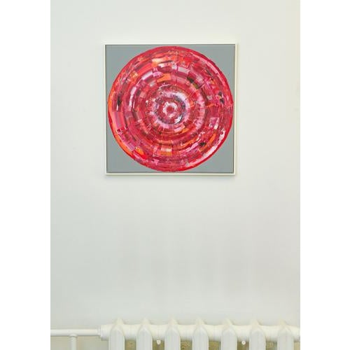 Textile Bernhard Lang, Blue and Red Circles on Gray, Paintings on Canvas, Framed, Set of 2 For Sale - Image 7 of 13