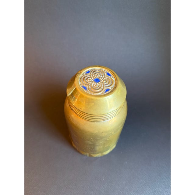 Metal Vintage Brass Canister With Decorative Blue Enamel Top For Sale - Image 7 of 9