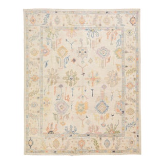 Modern Turkish Oushak Handmade Floral Beige Oversize Wool Rug For Sale