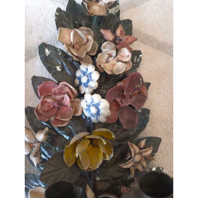 Art Nouveau Italian Tole Flower 1940s Sconces For Sale - Image 3 of 7