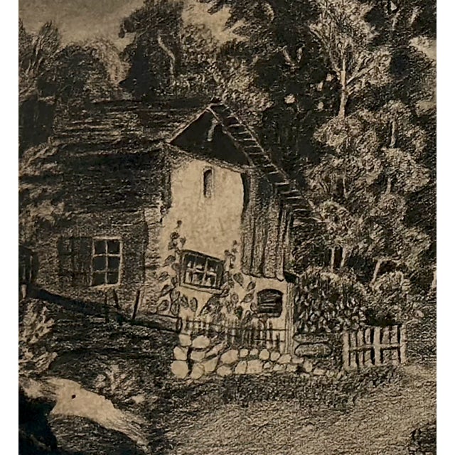A beautifully atmospheric French landscape rendered in rich monochromatic tones, depicting a rustic cottage nestled along...