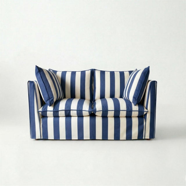 Sophie Conran Coco 2 Seater Sofa - Sea Holly Blue Wide Stripes with Knife Edge Cushion For Sale - Image 4 of 4