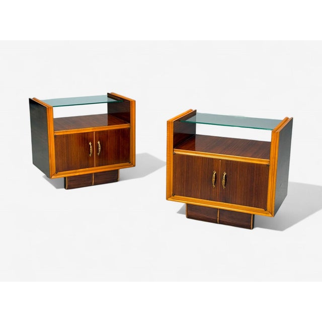 Italian Modern, Wood, Brass, Glass, Nightstands or Side Tables, Italy, 1950s Pair of wood and glass nightstands designed...