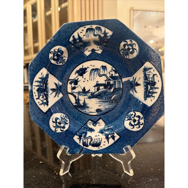 Antique Bow Porcelain Blue White Octagonal Plate 1760 George III Chinoiserie. For Sale - Image 4 of 12
