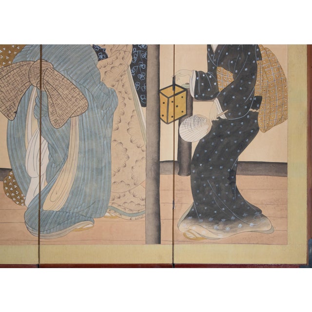 Japanese 1960s Shōwa Era Japanese Ukiyo-E Style Byobu Screen "Young Beauties" For Sale - Image 3 of 12