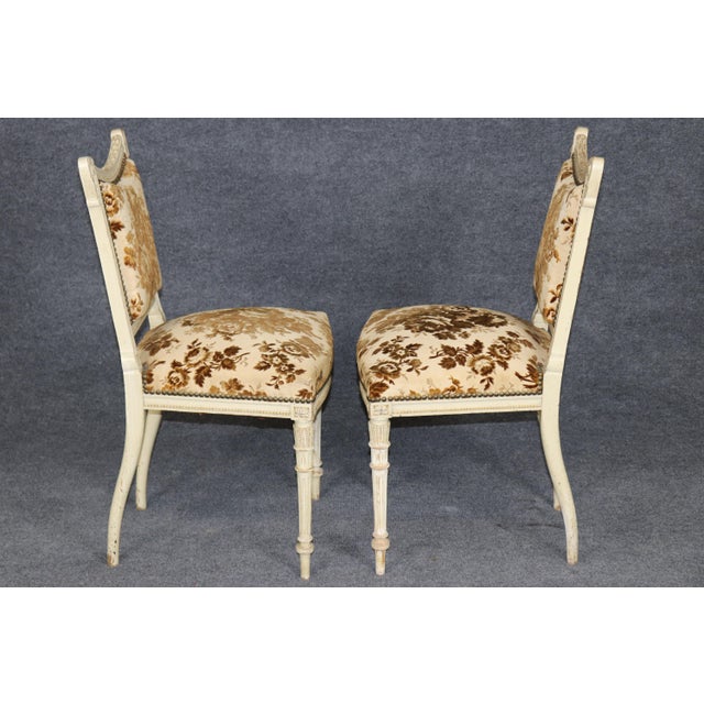 19th C Pair Louis XVI Style Paint Decorated French Side Chairs For Sale - Image 4 of 12