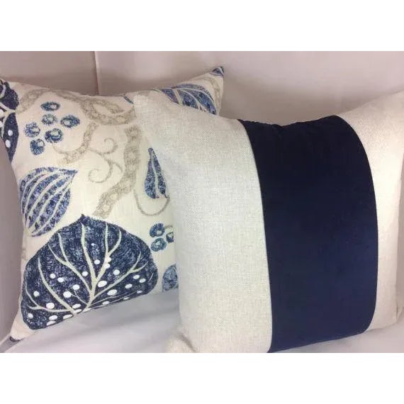 Custom Oatmeal Linen & Midnight Blue Mohair Stripe Pillows - a Pair For Sale - Image 4 of 6