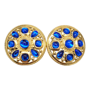 Vintage Signed Trifari Round Goldtone Faux-Sapphire Clip Earrings - 2 Pieces