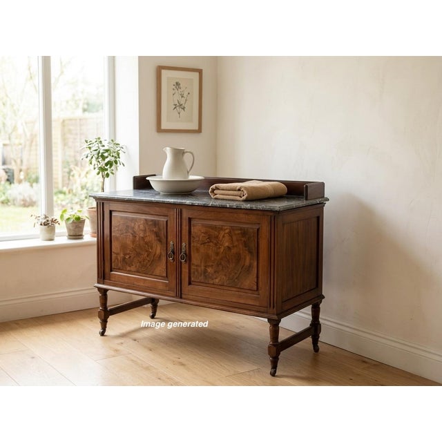 A 19th century English marble-topped washstand or sideboard by P. E. Gane. Made of solid and veneer of walnut with highly...