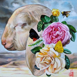 Daylight Dreamer by Claudia Griesbach-Martucci | Oil on board Sheep's head with flowers and butterflies For Sale
