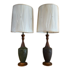 Mid 20th Century Pair of Mid Century Modern Walnut and Ceramic Cork-Style Table Lamps With Original Shades