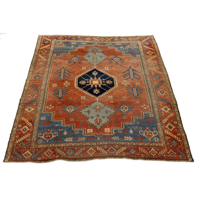 19th Century Antique Serapi Rug With Terracotta & Indigo Medallion For Sale - Image 4 of 12