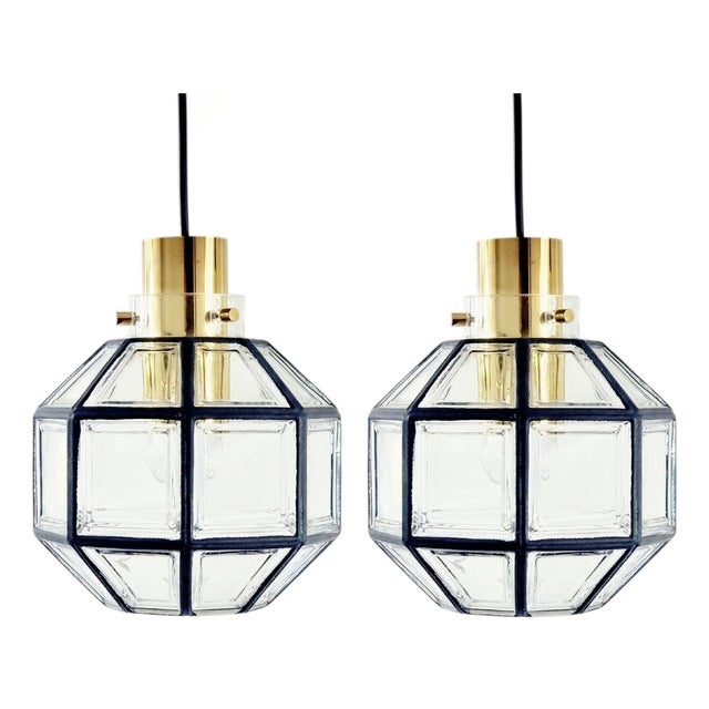 Mid-Century Glass and Brass Pendants from Limburg, Germany, 1960s-1970s, Set of 2 For Sale
