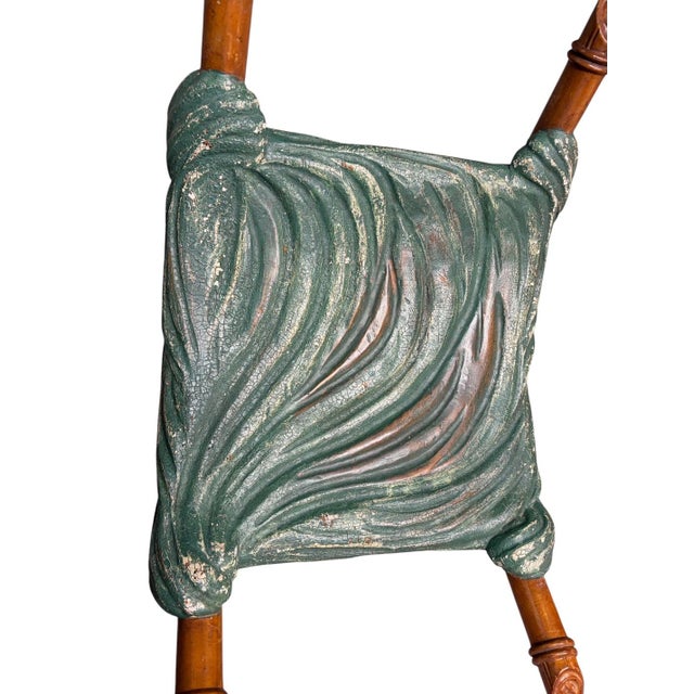 Verdigris Vintage Faux Bois Draped Stool With Carved Bamboo X-Frame For Sale - Image 8 of 10