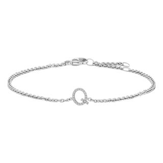 10K White Gold Diamond Accent "Q" Initial Charm and Link Bracelet For Sale