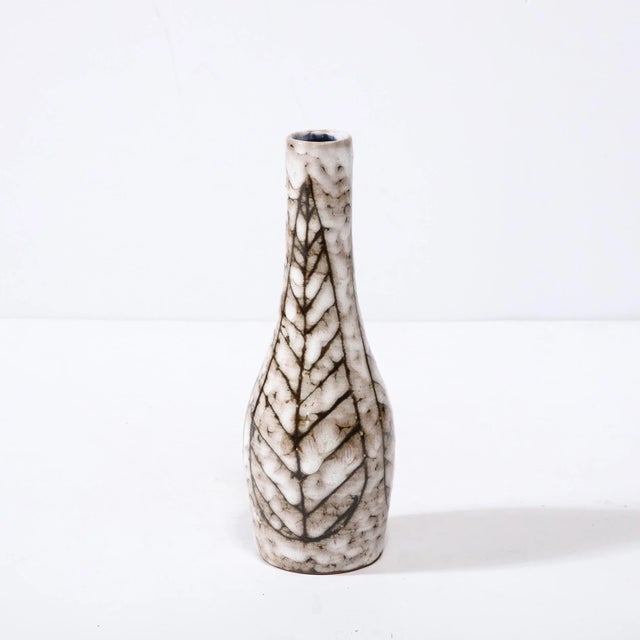 Mid-Century Modernist White and Earth Toned Tapered Ceramic Vase With Leaf Motif For Sale - Image 9 of 13