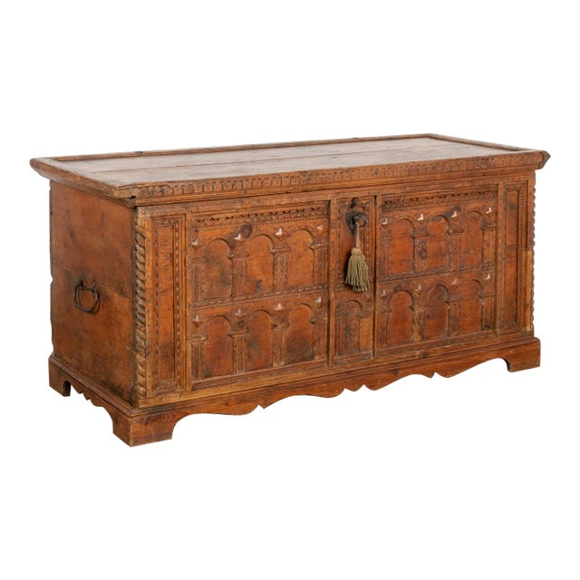 Hand Carved Large Pine Trunk, Circa 1800 For Sale