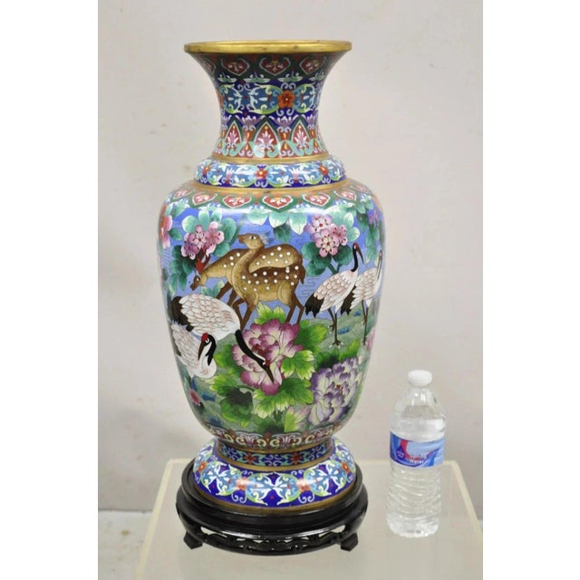 Chinoiserie Vintage Chinese Cloisonné Porcelain Enamel Figural Crane and Deer Vase - A Pair For Sale - Image 3 of 11