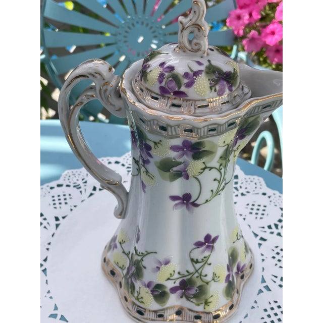 Traditional Antique Nippon Porcelain Hand Painted Chocolate Pot, Floral Moriage For Sale - Image 3 of 11