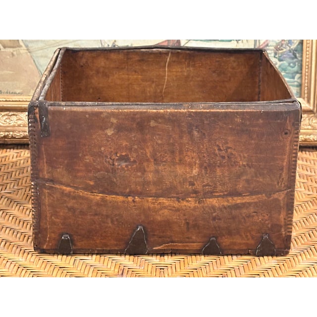 Antique 19th Century Dovetailed Wooden Storage Box with Iron Reinforcements Charming antique wooden storage box believed...