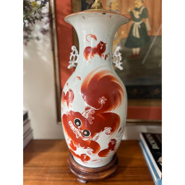 19th Century Qing Dynasty Iron Red Foo Dog Lamps - a Pair For Sale - Image 9 of 12