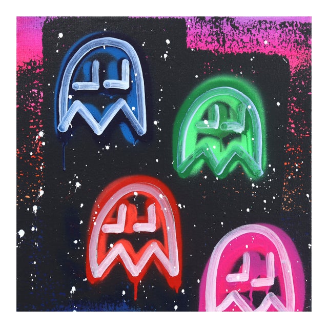 City Nights - Retro Pacman Inspired Mixed Media Graffiti Artwork on Canvas by Amber Goldhammer For Sale