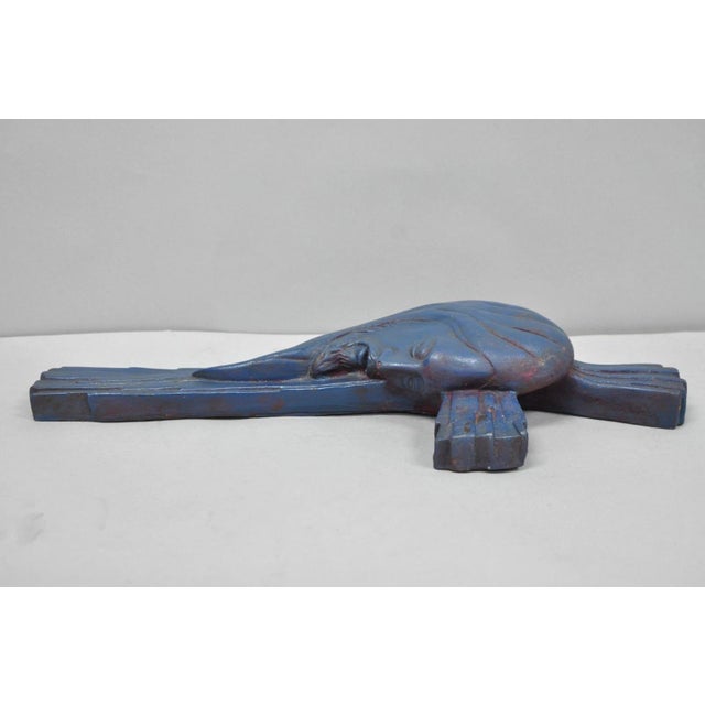 Vintage Religious Jesus Sculpted Resin Blue Mid Century Wall Crucifix Cross For Sale - Image 13 of 14