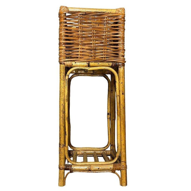 Mid Century Cubed Woven Rattan Pedestal Plant Stand For Sale - Image 4 of 7