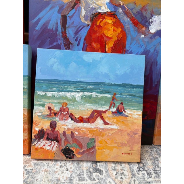 In Time Out I and Time Out II, Godfrey Afebuame paints simple, bright scenes of people relaxing at the beach. Using thick...