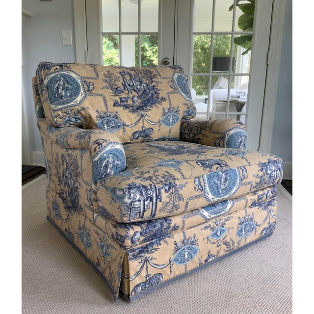 Custom Pierre Frey Braquenié Beige & Blue Toile Club Chair With Manuel Canovas Trim For Sale - Image 10 of 11