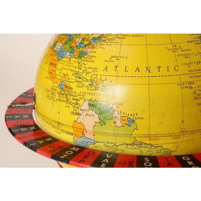 Vintage Replogle Yellow and Red Tin Litho "Globe Grams' Spinning World Globe For Sale - Image 14 of 18