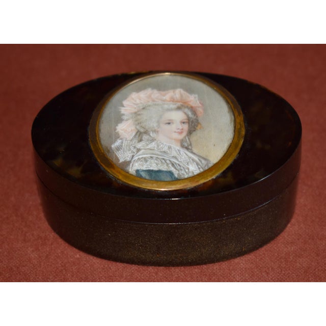 Antique Tortoiseshell Ivory Box French Hand Painted Portrait Miniature Lady For Sale - Image 9 of 15
