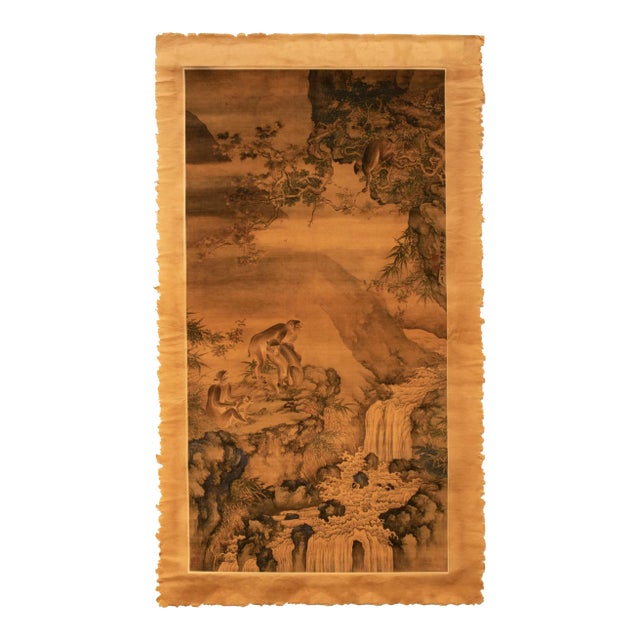 Post-1940s After "Landscape With Monkeys" by Shen Quan, Scroll on Rice Paper For Sale