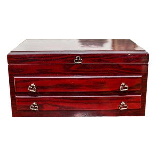 VTG Burled Mahogany Laquered Wood 3-Compartment Velvet Lined Jewelry Box For Sale