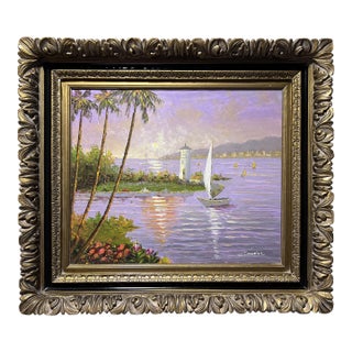 Original Signed Oil Painting on Canvas Seascape, Lighthouse, Harbor View, Framed For Sale