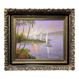 Original Signed Oil Painting on Canvas Seascape, Lighthouse, Harbor View, Framed