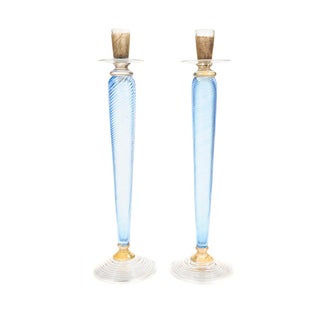 Borovier & Toso Blue Glass Candlesticks For Sale