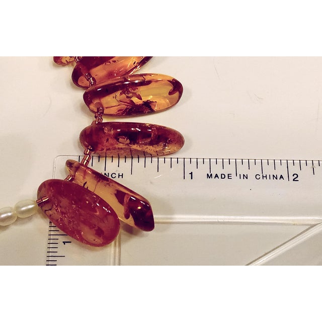 Amber Contemporary Baltic Amber and Cultured Freshwater Pearl Necklace With 14k Gold Clasp For Sale - Image 8 of 10